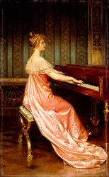 Dame élégante assise au piano-forte