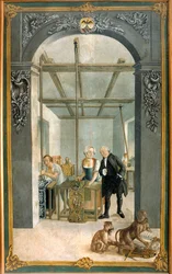 Manufacture de tissu indien des frères Wetter : ouvriers passant par la grille des toiles imprimées. Peinture de Joseph Gabriel Rossetti (18ème siècle). 1764 Orange, Musée Municipal