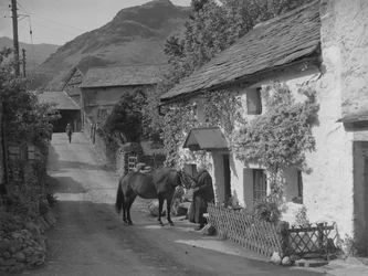 Vieille dame caressant le cheval qui se trouve sur la route devant le chalet