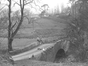 Deux filles assises sur un pont de pierre au-dessus de la rivière Cocker, au pied de Scale Hill, regardant des oies dans le chemin à Loweswater