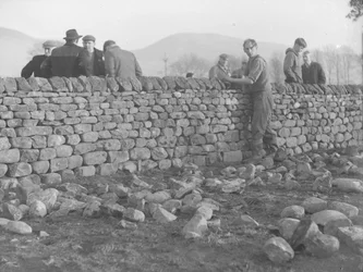 Muralistes travaillant sur un mur de pierres sèches