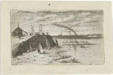 Vue de rivière avec un bateau à vapeur