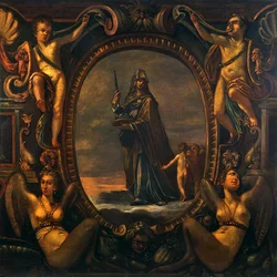 Figure allégorique avec putti dans un cartouche