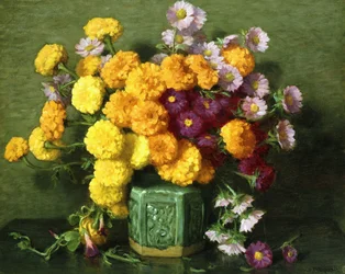 Soucis et asters dans un vase chinois
