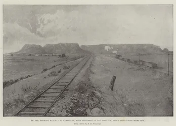 De Aar, montrant le chemin de fer vers Kimberley, avec Tafelberg au loin, à environ trente-cinq miles