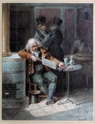 Lecture de la Gazette : vieil homme endormi dans un café lisant le journal « La Gazette » en 1824. Lithographie de Joseph Louis Hippolyte Bellangé (1800-1866) 1824 Paris, Musée Carnavalet