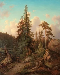 Paysage forestier avec une femme ramassant du bois