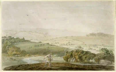 Un fermier semant, avec une vallée fluviale et des collines ondulantes au-delà, c.1795
