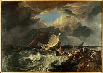 Quai de Calais, avec des pêcheurs français se préparant à prendre la mer : An English Packet Arriving ... (peinture sur toile)
