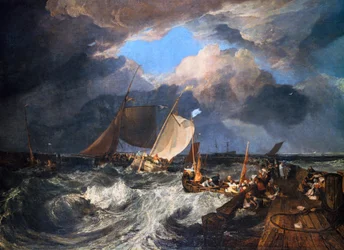 Calais Pier avec des poissonnières françaises se préparant à partir en mer : un paquebot anglais arrivant, 1803