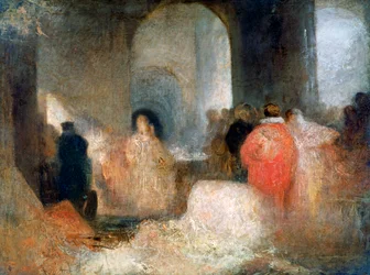 Dîner dans une grande salle avec des personnages en costume, vers 1830-1835