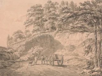 Homme avec cheval et charrette entrant dans une carrière