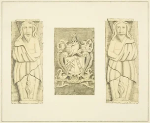 2 figures et armoiries du portail de Black Castle, Brislington