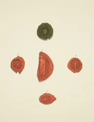 Cinq sceaux de Robert Atwaller, sceau inconnu, Margaret Mewyrk, Prieure de Sainte Marie-Madeleine et John Vrell