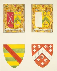 Quatre armoiries - deux dans une fenêtre près du clocher, cathédrale de Bristol