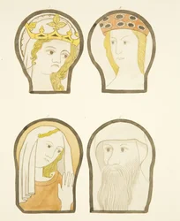Quatre têtes dans les vitraux au sud du chœur de la cathédrale de Bristol