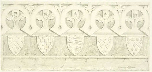 Frise gothique et armoiries dans la salle de la sacristie de la cathédrale de Bristol
