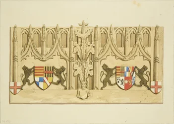 Sculpture sur le mur derrière les sièges de la corporation dans St Mark