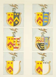 Six blasons dans les vitraux des bas-côtés nord et sud (extrémité est) de la cathédrale de Bristol