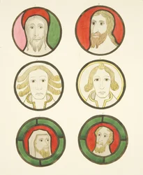 Six têtes dans les vitraux au nord et au sud du chœur de la cathédrale de Bristol