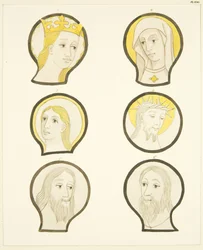 Six têtes dans les vitraux au sud du chœur de la cathédrale de Bristol
