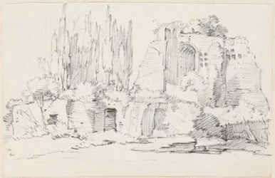 Ruines romaines avec un bosquet de cyprès