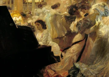 Belle époque : « Bal blanc » Soirée de jeunes femmes en robes blanches dansant et jouant du piano