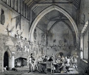 Salle à Moat House Ightham avec banquet, Kent, gravure de Mansions of England in olden time