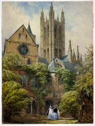 Professeur, femme, enfant et chien dans la cathédrale