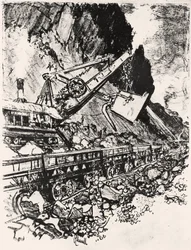 Travail de Pelle à Vapeur : Coupe de Culebra, planche XIV de Le Canal de Panama par Joseph Pennell, 1912