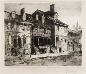Balayeurs de rue, vieilles maisons