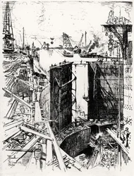 La porte de garde à Gatun, planche V de Le canal de Panama par Joseph Pennell, 1912