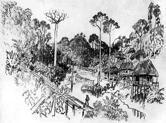 Le Village Indigène, planche IX de Le Canal de Panama par Joseph Pennell, 1912