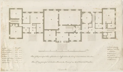 Sandon Hall - Plan du rez-de-chaussée principal : gravure