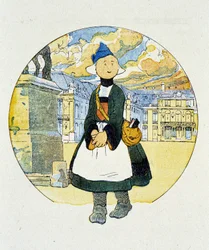 Bécassine dans la cantinière. Dessin de Joseph Porphyre Pinchon (1871-1953), 20ème siècle. DR