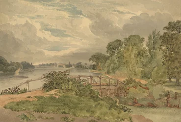 Paysage fluvial avec écluse au premier plan