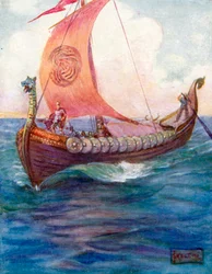 Les guerriers avancent sur la mer bleue (lithographie couleur)