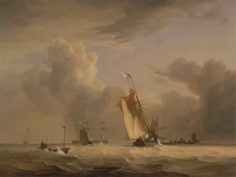 Chaloupe de pêche et autres navires par vent fort