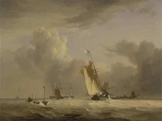 Chaloupe de pêche et autres navires par vent fort