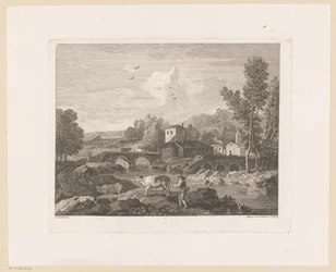 Paysage fluvial avec berger et vaches sur un pont