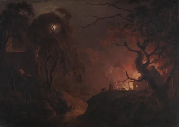 Cottage en feu la nuit