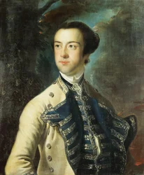 Portrait de Thomas Hanway, mi-longueur, en manteau beige avec des garnitures bleues et argentées, et un gilet bleu et argenté, tenant un chapeau sous son bras, dans un paysage