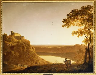 Vue du lac de Nemi au coucher du soleil ...