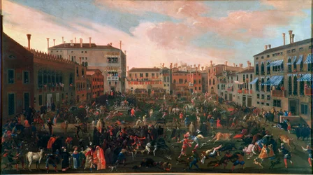 La chasse aux taureaux à Campo San Polo à Venise en 1648. La chasse traditionnelle des taureaux avait lieu dans les petites places (campi) de Venise avec des chiens particulièrement féroces. Peinture de Joseph Heintz le Jeune (1600-1678). Venise, Musée Cor