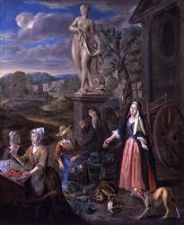 Figures sur un marché dans un paysage classique