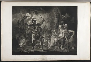 Macbeth. Acte IV. Scène I. Une grotte sombre. Au milieu un chaudron bouillant. Trois sorcières. Macbeth. Hécate. Macbeth fait face aux sorcières et aux apparitions; à ses pieds, à l