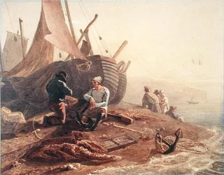 Pêcheurs réparant leurs filets