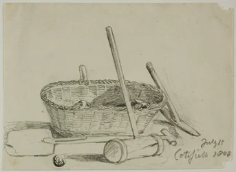 Panier en osier, maillet, pelle, pioche