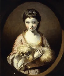 Portrait de Miss Emilia Vansittart, mi-longueur, portant une Robe Rose et Blanche tenant un Chien, c.1767-68