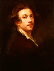 Autoportrait, mi-longueur, regardant par-dessus son épaule, en manteau brun et chemise blanche, vers 1750-52
